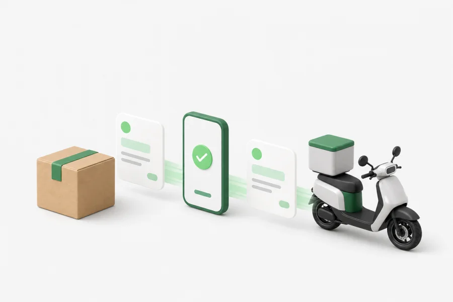 A parcel moving through a quick verified checkout to delivery