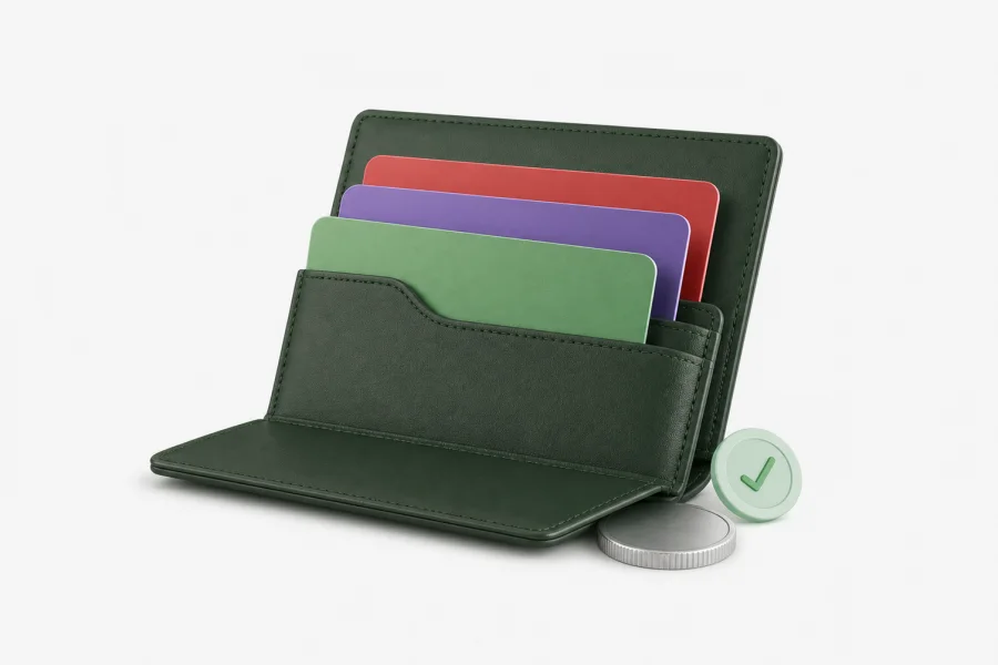 A wallet holding three payment choices