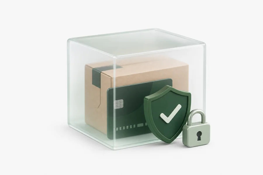 A parcel and payment card protected by a shield and lock